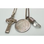 2 silver pendant necklaces. A hallmarked silver Archangel pentagram pendant and a clear quartz