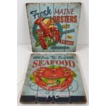 2 modern wood panelled, wall hanging seafood signs. Each approx. 40cm x 40cm.