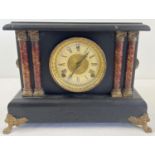 A slate style wooden cased mantel clock with marble look column detail. Dial marked 'Sessions',