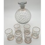 A mid century 1950's spherical glass decanter & matching glasses with white enamelled polka dot