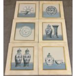 6 framed and glazed prints of blue and white oriental ceramics. Each frame size 48 x 48cm.