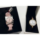 2 women's boxed wrist watches. A vintage French fixed bangle watch with twist face fixing - in