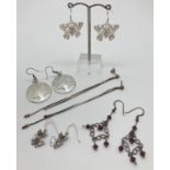 5 pairs of vintage and modern drop style earrings, to include silver. Designs include: butterfly