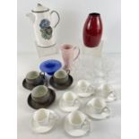 A box of assorted vintage ceramics and glass ware. To include Denby cups & saucers, Scheurich Art