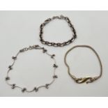 3 silver bracelets. A wheat style silver gilt chain bracelet with hook and eye clasp. Together