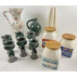 A box of assorted vintage & modern ceramics to include a set of 3 vintage style storage jars. Lot