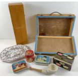 A collection of assorted vintage items to include wooden boxes, toffee tins and pestle & mortar.