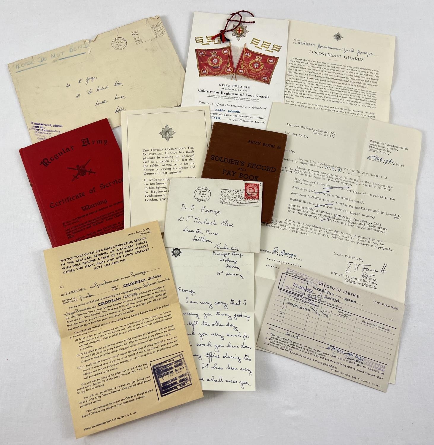 A collection of assorted ephemera relating to D. George from The Coldstream Guards, in the 1950's.