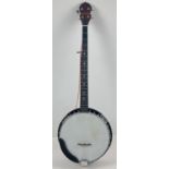 A closed back modern 5 string banjo with hard carry case. Decorative eagle design to back, 1