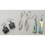 3 pairs of silver modern design drop style earrings. To include Abalone shell set and square cut