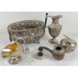 A collection of assorted vintage silver plated items. To include hinge lidded water jug and a