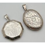 2 vintage silver lockets. An oval locket with floral decoration to front and engraved verse to back.