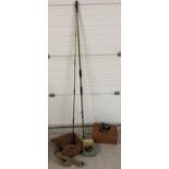 A collection of assorted vintage fishing equipment and accessories. To include: 2 baskets, a 12"