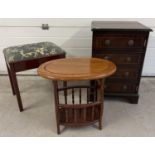 3 vintage dark wood small furniture items. An oval shaped magazine rack/side table, a single door