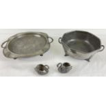 4 vintage items of pewter. 2 Art Deco 2 handled dishes with hammered effect together with 2 small