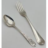 2 antique silver items of flatware. A George IV dessert fork, fully hallmarked to reverse of