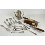 A small collection of vintage silver plate and pewter items. To include cutlery, a wooden cased