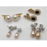 4 pairs of stone set and faux pearl drop style vintage costume jewellery earrings in both silver