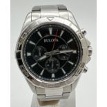 A men's chronograph 96A216 wristwatch by Bulova. Stainless steel case and strap. Black face with