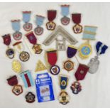 A collection of 20 assorted Masonic jewels, pins and medals to include ribboned Steward medals