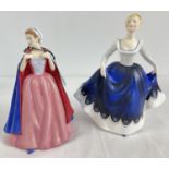 2 ceramic lady figurines by Royal Doulton. "Lisa" HN2310 with blue matt finish skirt and "Bess"