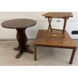 3 vintage wooden tables. A small circular occasional table with pedestal base, a small slatted top