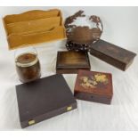 A collection of assorted vintage wooden items. To include: an Oriental red lacquer box, a light wood