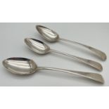 3 Regency silver George III dessert spoons with Old English pattern (downward turned) handles.