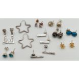 10 pairs of vintage and modern design silver and white metal earrings. In drop and stud styles, to