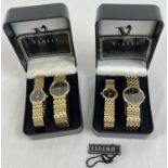 2 boxed sets of his and hers wristwatches with goldtone stainless steel straps, by Vialli. Black