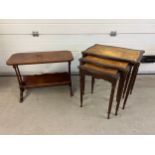 A vintage dark wood nest of 3 tables with tan coloured leather inserts to tops. Together with a