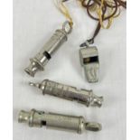 4 vintage whistles; 3 by Acme. To include a J. Hudson & Co, Birmingham, WWII military issue