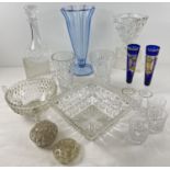 A box of vintage and more modern clear and coloured cut & pressed glass items. To include: