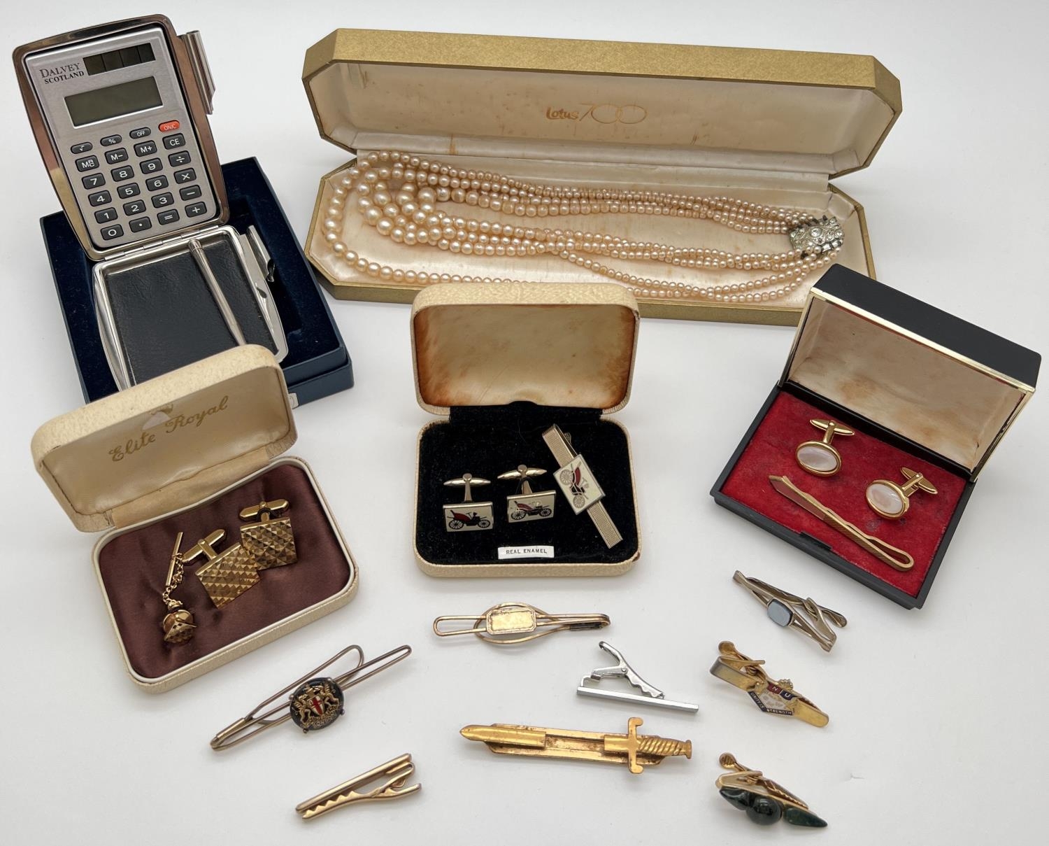 A collection of boxed and unboxed vintage costume jewellery, tie pins & cuff links. Together with