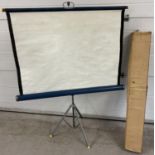 A vintage boxed Dixon Atlantic projector screen, approx. 38" width. With extending tripod feet.