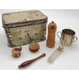 A small tin containing a small collection of vintage items to include a treen screw top perfume