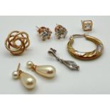 A small collection of 2 pairs and single earrings. Mostly 9ct gold. To include faux pearl drops