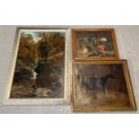 3 framed oil paintings in varying sizes and conditions. A large woodland waterfall scene, a horse