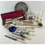 A box of assorted vintage silver plated table items and cutlery. To include: early 20th century
