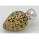 A Victorian novelty scent bottle modelled as a bird egg, with hallmarked silver lid. Porcelain beige
