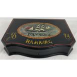 A vintage wooden cutlery box with later painted ship detail. For the Polynesia setting sail from