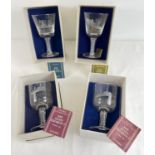 4 boxed vintage Stuart Crystal Cunard ship Goblets with twist stems. Comprising: R.M.S. Queen