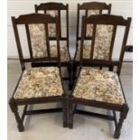 A set of 4 modern 'New Plan Furniture' dark wood dining chairs. Tapestry upholstered seats and backs
