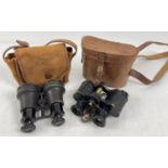 A pair of antique Dollond of London Prismatic x8 binoculars in brown leather case. Together with a
