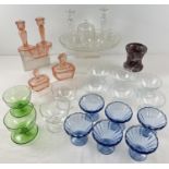 A collection of assorted vintage clear & coloured glass to include dressing table sets & stemmed