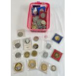 A collection of assorted coins and medallions, to include commemorative crowns, novelty coins,