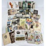 A shoebox of assorted vintage postcards and greetings cards.