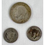 3 George V silver coins. A 1928 one florin, 1925 sixpence and 1936 sixpence.