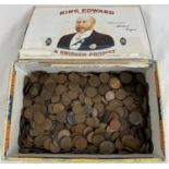 A box of vintage farthing and Â½p coins to include sovereign heads of George V, VI and Elizabeth II.
