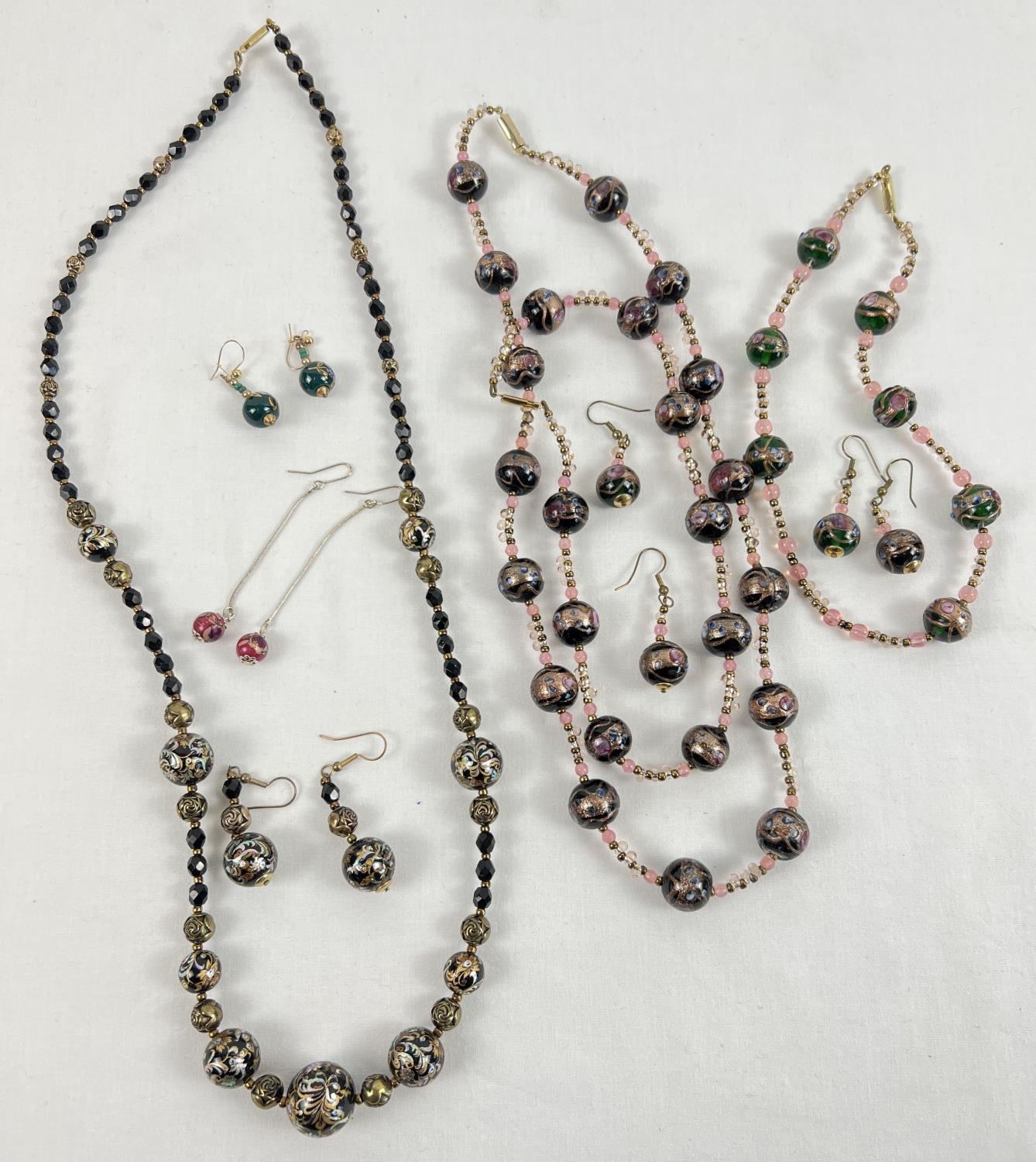 3 Venetian glass sets of jewellery. 2 necklaces with matching drop earrings, in black & pink